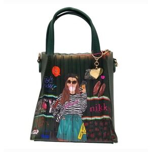 Nikky By Nicole Lee Say Cheese Purse Graphic Print Trendy Girl Cross Body Green